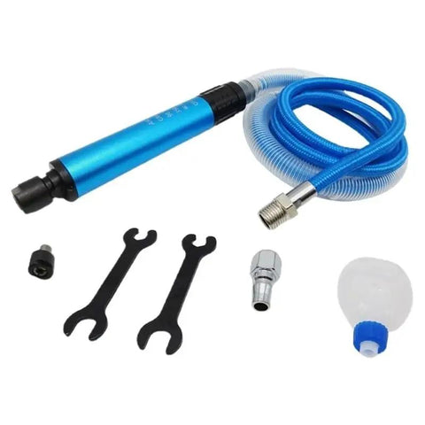Pro Grade Micro Pneumatic Air Pencil Die Grinder Kit with 3Mm and 6Mm collets, blue pencil grip, hose, wrenches, and bottle.