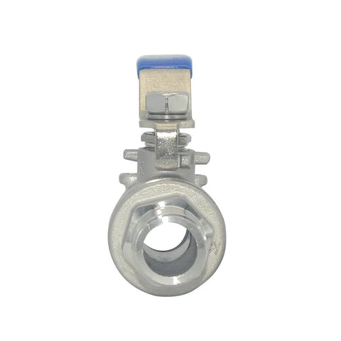 Front view of 1/2 inch stainless ball valve with blue handle, NPT thread