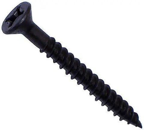 Top Shelf Size Ten X 1 3/4 Inch Phillips Flat Twinfast Wood Screws With Black Phosphate Finish, showcasing a single black screw.