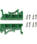 Din Rail PCB Mounting Adapter Kit For C45 Rail With 35mm And 15mm Spacers, shown with screws, green PA66 plastic
