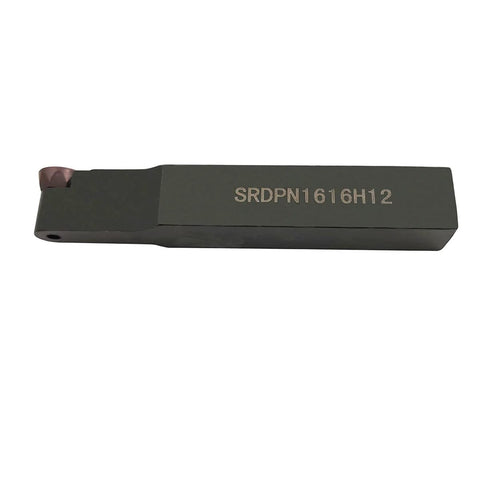 Side view of dark gray metal indexable carbide milling tool holder with SRDPN1616H12 engraving