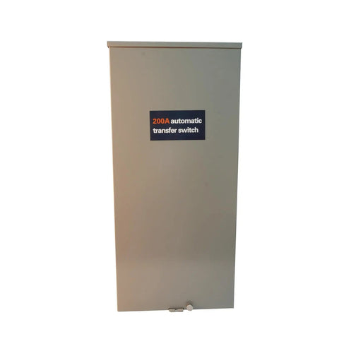 200 Amp Automatic Transfer Switch With Power Management For Whole Home Backup Power, Seamless Outage Switchover, Service Entrance Rated, NEMA 3R Aluminum Enclosure, Heavy Duty Home Load Handling, Easy To Install. Gray aluminum enclosure front view
