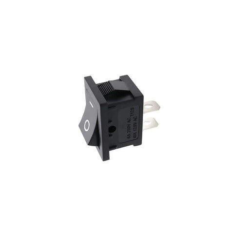 Close-up of a single SPST on off rocker switch 6A 250V for boats and cars, showcasing side view and connectors.