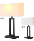 White Indoor Table Lamp With Dimmable Brightness And On Off Switch Bedside Nightstand Desk Light Rectangular White Fabric Shade Black Base