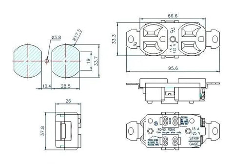 Real Deal Heavy Duty Double Wall Outlet Socket Nema 5 15R 15 Amps 125 Volts Dual US Three Prong Receptacle Replacement technical diagram.