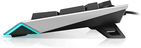 Rig Ready Wired Mechanical Keyboard With Custom RGB Modes Snappy Clicky Switches angled view highlighting ergonomic design and RGB lighting.