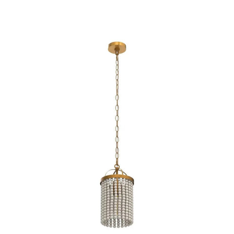 Beaded Pendant Light Fixture Boho Chandelier with Rustic Wood Beads and Dark Gold Frame