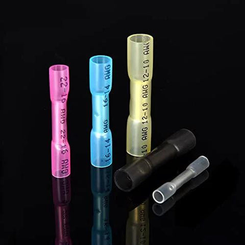 Front view of assorted heat shrink butt connectors in pink, blue, yellow, black, and clear for 16-14 AWG wiring