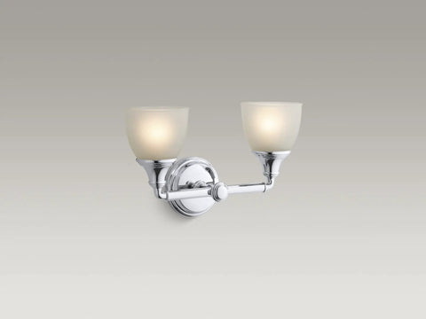 Devonshire Two Light Vanity Wall Sconce In Polished Chrome With Frosted Glass Shades UL Listed For Damp Locations Can Mount Up Or Down Classic Old World Style For Bathroom Vanity, front view.