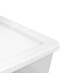 Close-up of No Sweat Storage Tote Featuring A Crystal Clear Body And A Secure Latching Top Crafted From Heavy Duty Plastic.