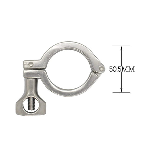 Front view of a 1.5-inch stainless steel sanitary tri-clamp ring with wing-nut screw