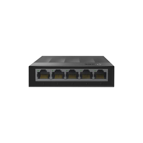 Front view of Litewave Five Port Gigabit Ethernet Switch with five RJ45 ports, ideal for desktop use and expanding home or small office network.