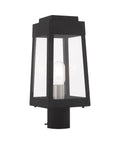 Oslo One Light Outdoor Post Top Lantern in black finish with clear glass, solid brass material, weather resistant for patio lighting