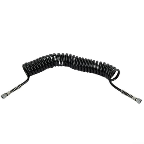 Heavy Duty 3 Meter PU Coiled Airbrush Hose With Secure One Inch Couplers For Car Detailing Spray Painting And Art Projects Featuring Kink Free Flexible Tube That Stays Tidy On The Job Site Every Time. Black coiled PU airbrush hose with metal couplers, 3m, side view