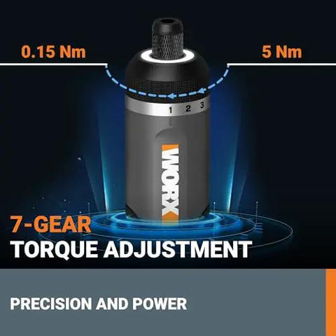 7-gear torque adjustment feature of 4V Lithium Cordless Screwdriver Kit With 30 Piece Accessory Pack, showcasing precision and power.