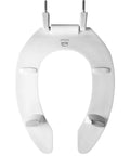 Elongated White Toilet Seat With 2 Inch Lift Raised Open Front For Easier Sitting Long Lasting Solid Plastic Commercial STA Tite Fastening System For Secure Snap Install, top view