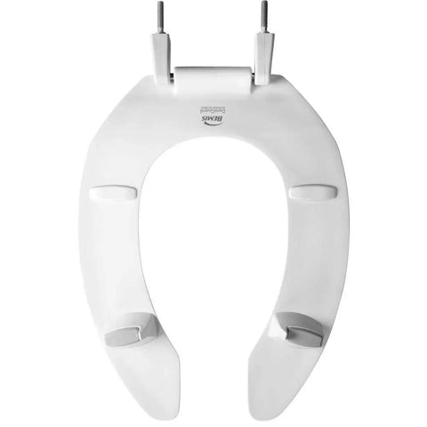 Elongated White Toilet Seat With 2 Inch Lift Raised Open Front For Easier Sitting Long Lasting Solid Plastic Commercial STA Tite Fastening System For Secure Snap Install, top view