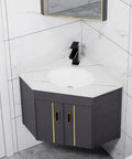 Premium Super Slick 55 Cm White Ceramic Wall Mount Vessel Sink Corner Basin Rack Compact For Small Rooms with sleek faucet and cabinets.