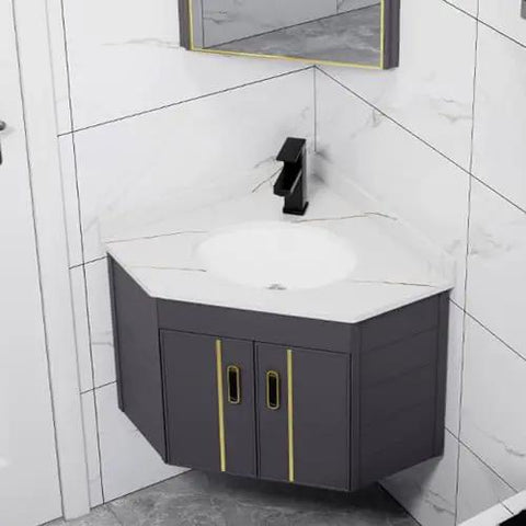 Premium Super Slick 55 Cm White Ceramic Wall Mount Vessel Sink Corner Basin Rack Compact For Small Rooms with sleek faucet and cabinets.