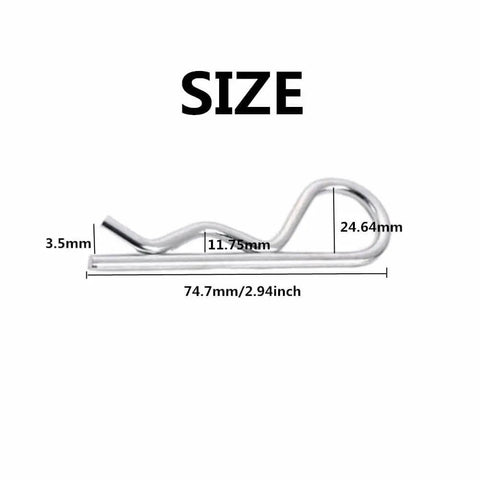 10-Piece R Shaped Spring Cotter Pins Heavy-Duty Zinc Plated Steel Fastener Kit size dimensions 3.5mm x 74.7mm