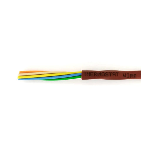 Solid Copper 18 Gauge CL2 Thermostat Wire 18 8 Brown 100 Feet Low Voltage Power Cable For Home Office And Industrial Use UL Listed 13 NEC 725 Rated Minus 20C To 60C PVC Jacket Weather Resistant shown close up with exposed colored wires