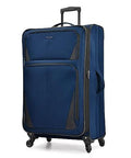 Aviron Bay expandable spinner luggage 31 inch in navy with durable design, spacious compartments, and 360° wheels for travel convenience.