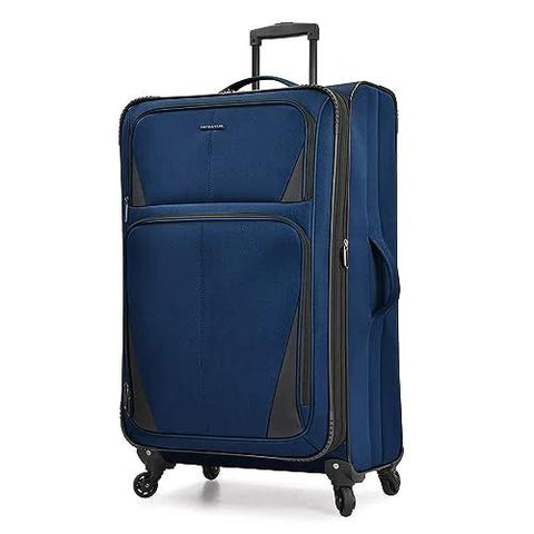 Aviron Bay expandable spinner luggage 31 inch in navy with durable design, spacious compartments, and 360° wheels for travel convenience.