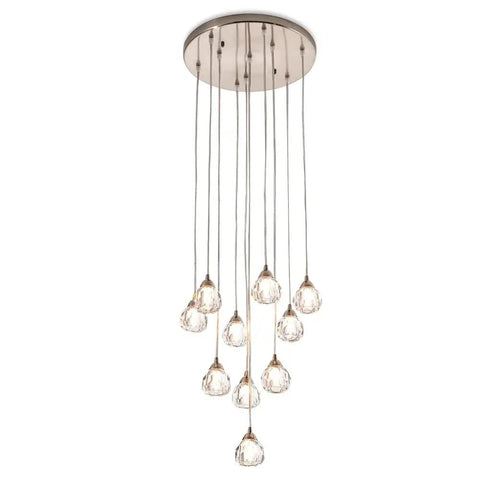 10 Light Stair Crystal Chandelier With Raindrop Globe Glass Ceiling Lighting In Nickel Finish for modern interiors.