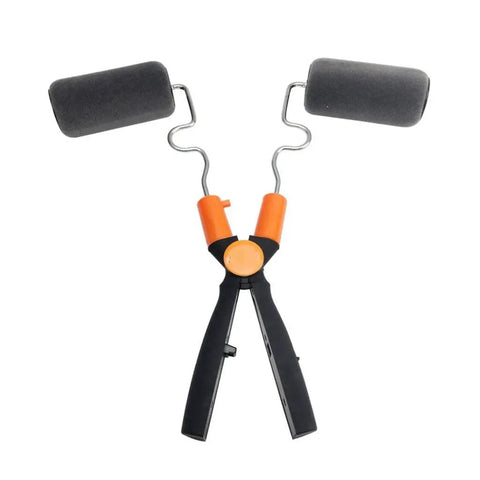 Telescopic Dual Roller Paint Brush Kit With Adjustable Rod For Fences Railing And Corners Fits Standard Handles, black and orange dual roller design.