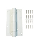 Self Closing Gate Hinge For Fences With Pushdown Adjustment And Heavy Duty Enclosed Spring Powder Coated Steel Finish Two Sided Mounting White Gate Hardware Built Tough And Ready For Outdoor Use, white hinge with screws