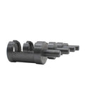 Four Piece Woodworking Plug Cutter Kit For Concealing Screw Holes And Straight Shooting Joinery With Knockout Flush Chamfered Tapered Bits in black carbon steel.
