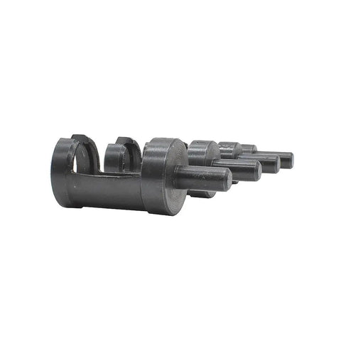 Four Piece Woodworking Plug Cutter Kit For Concealing Screw Holes And Straight Shooting Joinery With Knockout Flush Chamfered Tapered Bits in black carbon steel.