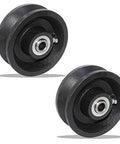 Pair of heavy-duty V-groove gate wheels made from cast iron for rolling gates, 800 lb capacity, includes axles and nuts for installation.