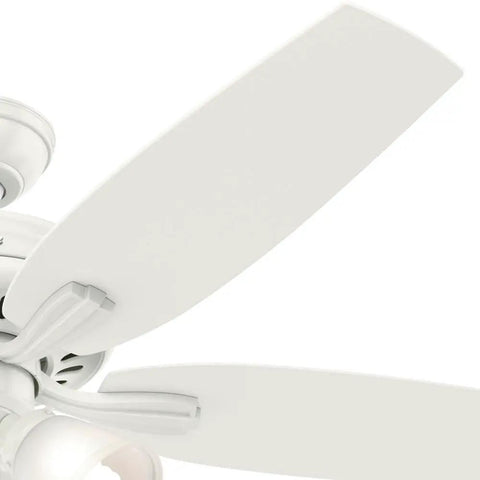 Close-up of 52 Inch Indoor Ceiling Fan With LED Lights In White Finish, Five Blade Design, Pull Chain Operation, Ideal For Bedroom Or Living Room