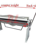 Back view of 80 Inch Pan And Box Brake Bender For Metal Fabrication with counterweights, 12 Gauge Mild Steel Capacity, removable legs visible.