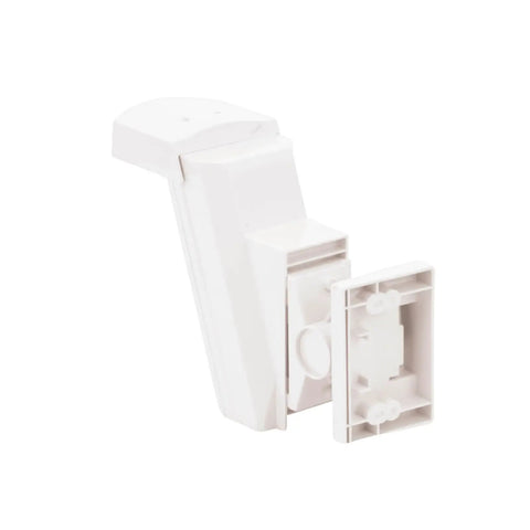 HX 40 High Mount Outdoor PIR Motion Detector with mounting mechanism displayed for outdoor security use, white weatherproof unit