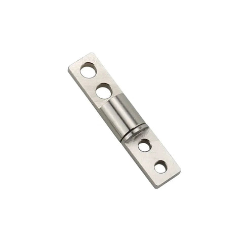 Silver 360-degree torque hinge with embedded circular rod, mounting plates with four screw holes.