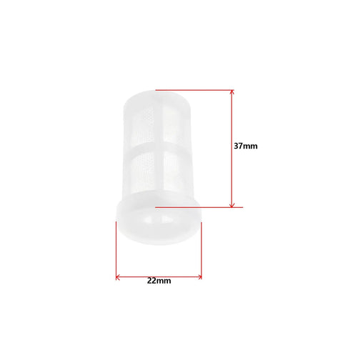 Ten Piece Heavy Duty Nylon Paint Sprayer Filter Kit 50 Mesh Suction Feed Strainer, 37mm tall, 22mm base, durable nylon material.