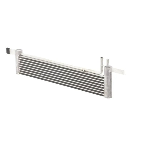 Heavy Duty Aluminum Transmission Oil Cooler For Ford Mustang 2015-2022, Perfect Replacement That Upgrades Heat Sinking For Better Performance And Keeps Things Running Smooth Under Pressure Without Breakdowns. front view of aluminum transmission oil cooler with mounting tabs