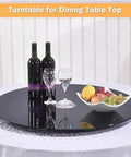 39 Inch Glass Lazy Susan Turntable With Six Super Slick Wheels Hella Sturdy Rotating Serving Tray on dining table with wine and fruit.