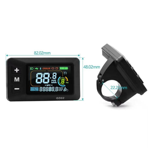 Smart LCD Ebike Display GD02 5 Pin Waterproof Connector for Electric Bike 24-60V color screen meter with size dimensions shown