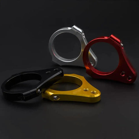 39mm Aluminum Universal Steering Damper Fork Clamp Bracket Foot Fixer in black, gold, red, and silver