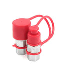 Beefy Half Inch Hydraulic Flat Face Quick Connect Couplers For Heavy Duty Fittings And Hydraulic Tooling ISO 16028 ISO 12.5 Compatible Male And Female Sides Skid Steer Hydraulics Connector Industrial Grade Fitting red caps
