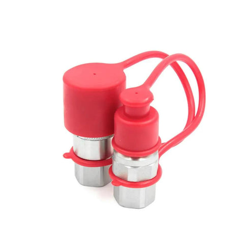 Beefy Half Inch Hydraulic Flat Face Quick Connect Couplers For Heavy Duty Fittings And Hydraulic Tooling ISO 16028 ISO 12.5 Compatible Male And Female Sides Skid Steer Hydraulics Connector Industrial Grade Fitting red caps