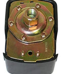 Front view of brass water-well pressure switch with black base and central threaded port