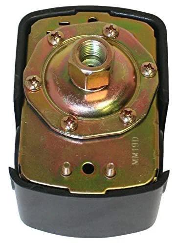 Front view of brass water-well pressure switch with black base and central threaded port