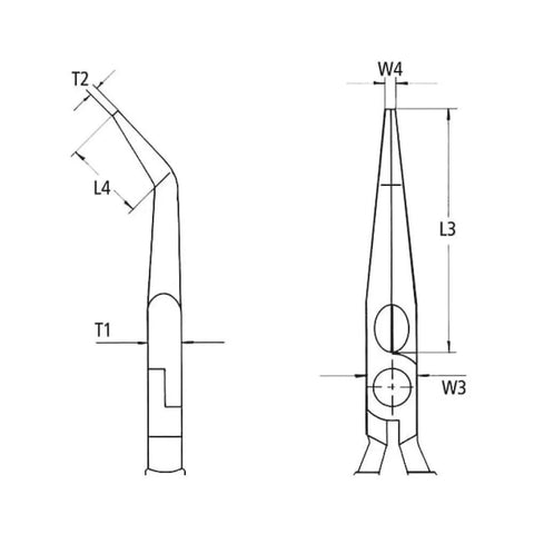 Technical drawing of Angled Long Nose Pliers With Cutter 40 Degree Bend Six And A Quarter Inch Jaw Pro Grade Pliers