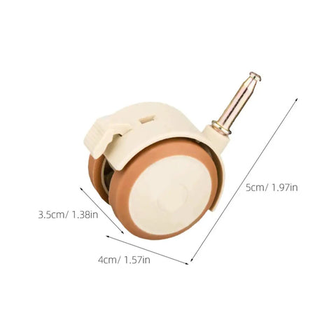 Light yellow caster with locking mechanism, 3.5cm width, 4cm wheel diameter, part of 4 Pack Swivel Stem Casters With Locking Mechanism For Cots And Furniture Plug And Play Setup Quiet Rubber Wheels For Chairs Tables Bookcases And Cabinets Suitable For Nursery And Home Decor.