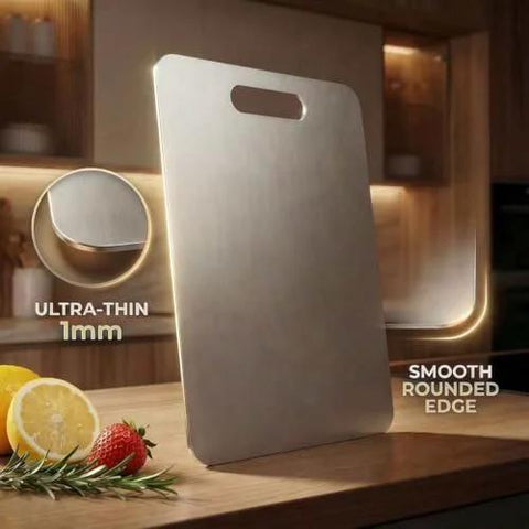 Stainless steel cutting board; ultra-thin 1mm, smooth rounded edge on kitchen counter