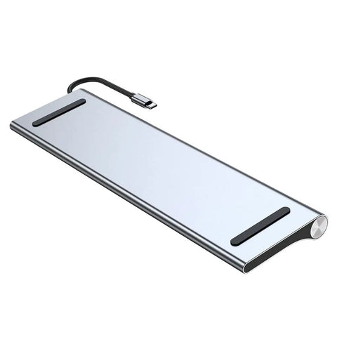 Sleek USB Type C Docking Station With Dual Display Hookup For Laptops Plug And Play Config top view showing connection port and sleek finish.